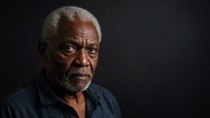 Fototapeta premium elderly african male in casual wear on black background model portrait looking serious for ad concept space for text