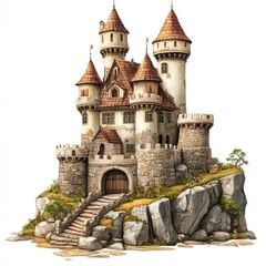 Enchanting Medieval Fortress: Isolated Fairytale Castle on a Hill Against a White Background