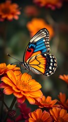 Fototapeta premium Colorful butterfly sitting on bright flowers, insect