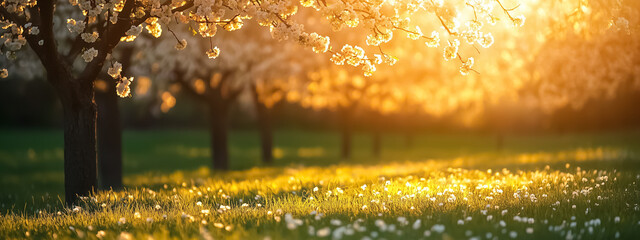 Wide-angle view of flowering apple trees with soft petals falling gently, glowing in warm spring sunlight