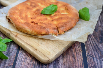 Tasty hot italian focaccia  pizza   with porcini mushroom,and cheese. Pizzeria menu. Concept poster for Restaurants or pizzerias. Top view