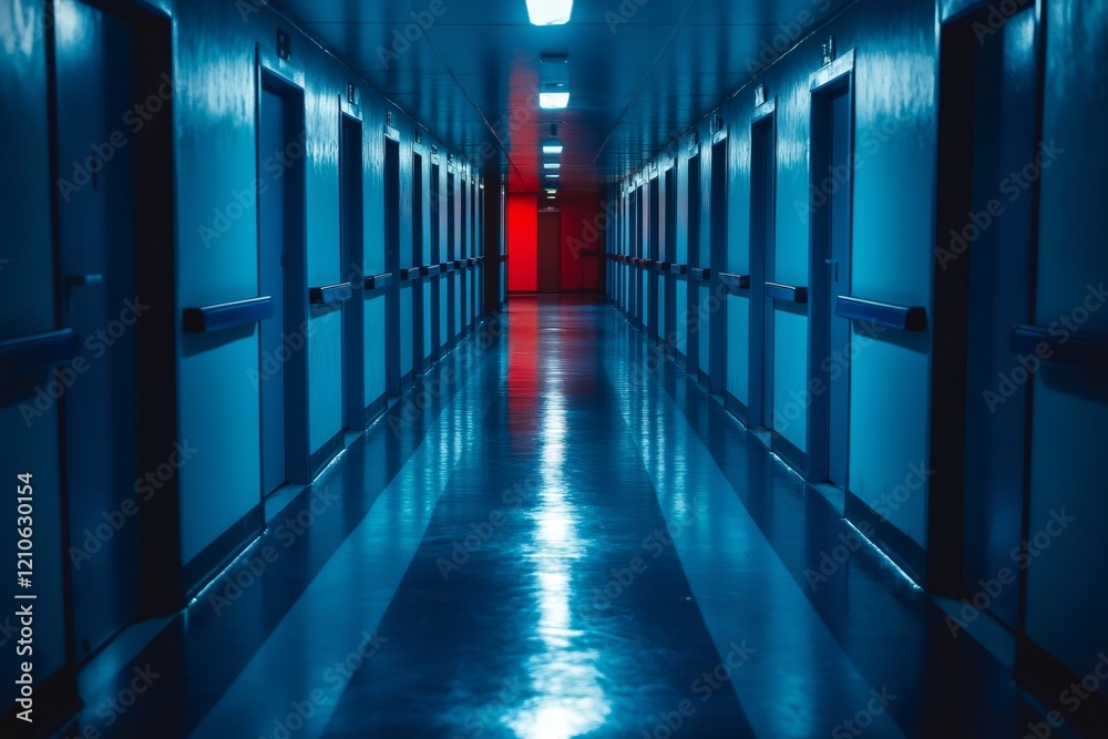 Aufkleber long empty corridor reflecting red light in modern building