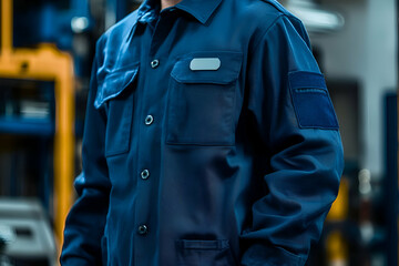 A navy blue mechanic uniform mockup, complete with a name badge, ideal for workwear or industrial branding.