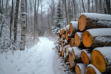 Snow covered logs piled along snowy forest path in winter