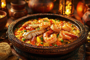 Vibrant Moroccan seafood tagine with fish and shrimp served with couscous in a warm, culturally rich setting