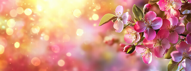 Bright springtime banner of colorful crabapple blossoms on delicate branches, vibrant and radiant