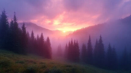 Obraz premium Majestic purple sunset illuminating foggy forest landscape