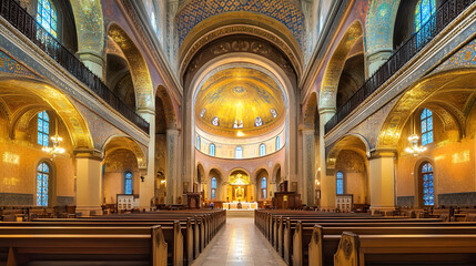 Fototapeta premium Stunning Basilica Interior Showcasing Ornate Design and Vibrant Mosaics : Generative AI