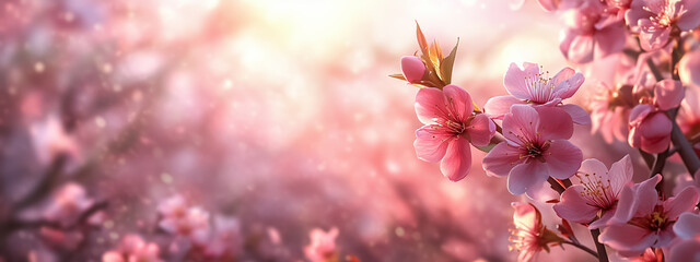 Fototapeta premium Wide banner of blooming peach trees with a pink canopy of flowers, brightened by gentle sunlight
