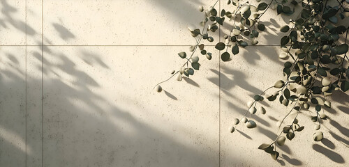 A neutral beige backdrop featuring shadows of pebbles and foliage on a concrete wall, creating a modern, minimalist presentation space.