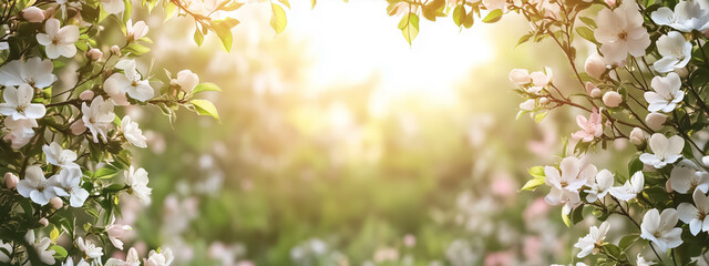 Obraz premium Blossoming trees with white and pink flowers creating a natural archway, framed by bright spring skies, banner ready