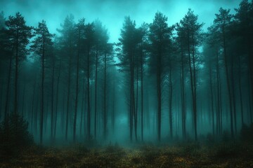 Obraz premium A dense fog fills the forest, surrounded by towering trees
