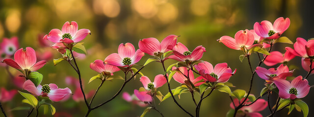 A radiant spring banner of flowering dogwood trees with vivid blossoms and vibrant green leaves under golden sunlight