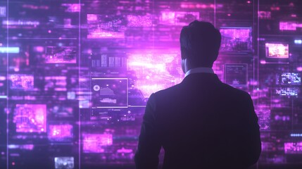 Man observes a wall of digital data screens