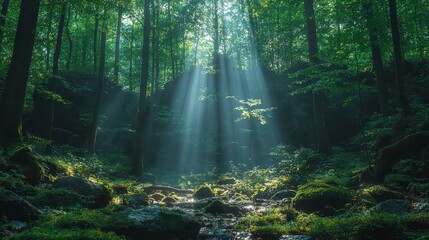 Obraz premium Sunbeams illuminate a lush green forest with a small stream flowing through mossy rocks.