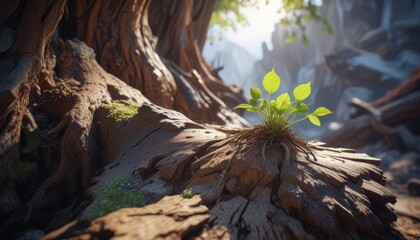 A tiny sprout bursts forth from the remains of an ancient tree trunk in a mountainous terrain , nature, forest floor, forest