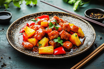 Sweet and sour pork served with pineapple and bell peppers on a rustic plate in bright lighting