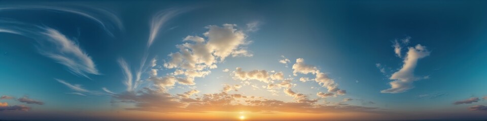 Obraz premium Dark blue sunset sky panorama shows cirrus clouds. Vivid colors of sunset create beautiful sky view. Perfect for 3D visualization, game backgrounds, sky replacements in aerial drone panoramas. View