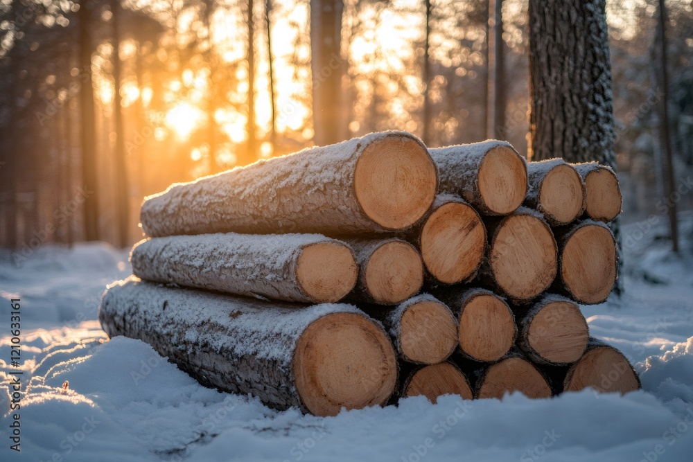 Poster logs covered with snow create a warm atmosphere in a winter forest at sunset