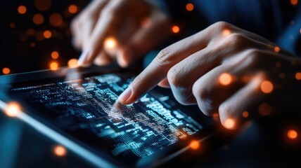 Cybersecurity threats conceptualized with digital code and virus alert on tablet interface