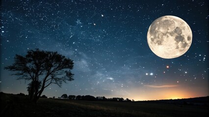 A vast starry sky with a large bright moon hanging low in the horizon, silhouettes, stargazing, nightfall, nocturnal, celestial bodies