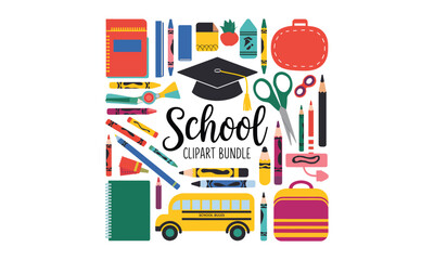 School Clipart Bundle Pencils, Crayons, Notebooks, Backpacks, and Graduation Cap