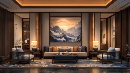 Fototapeta premium Luxurious Asian-style living room interior, night scene, mountain art, hotel design