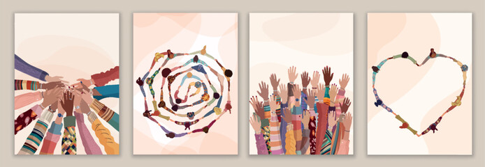 Multicultural women in circle hand in hand. Top view. International women s day. Raised hands. Diversity - inclusion - equality or empowerment concept. Banner - poster - template