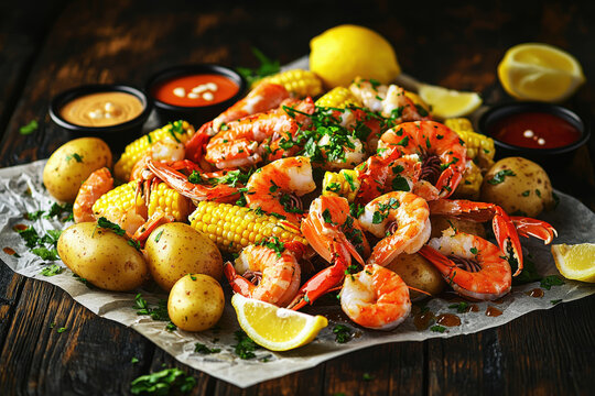 Delicious seafood boil featuring shrimp, crab legs, corn, and potatoes served on rustic table with dipping sauces