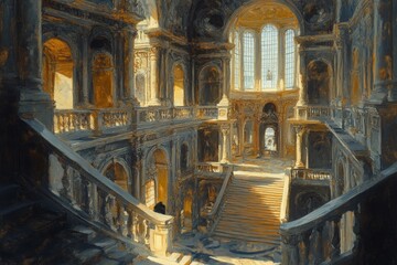 Obraz premium Grand interior of an ornate baroque palace showcasing intricate architecture during midday light
