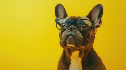 Cool Canine in Spectacles on Vibrant Yellow. Intelligent Pet for Back to School Theme, Blending Fun and Geeky Vibes.