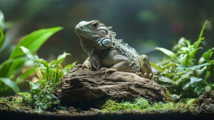 Fototapeta premium Iguana resting on a log surrounded by lush greenery in a terrarium habitat