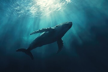 Naklejka premium Majestic Humpback Whale Gliding Through Caribbean Waters: An Underwater Adventure in the Blue Ocean