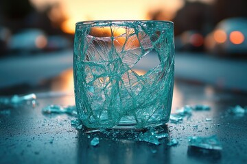 A broken glass vase sits on a table, with fragments scattered around