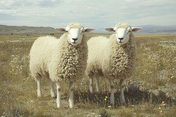 Identical Duplication: Two Sheep in a Field Representing the Concept of Cloning in Agriculture