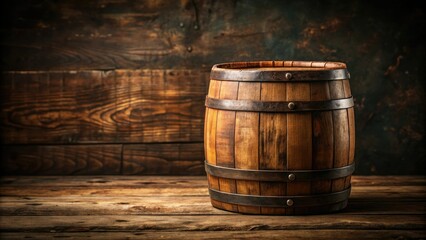 Fototapeta premium A whiskey barrel with a vintage distressed finish and a wooden lid, barrel storage, whiskey barrel, wood storage, vintage finish, whiskey aging process