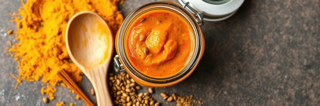 A wooden spoon rests beside a jar of vibrant Indian curry paste, with turmeric and cumin seeds visible within the glass container, turmeric, featuring a variety of colorful herbs and spices