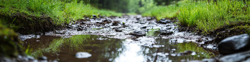 Puddle on a Muddy Path with Surrounding Vegetation