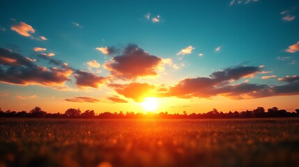 Obraz premium Vibrant Sunset Over Field Grassland Landscape