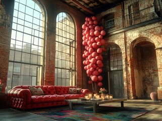 The living room exudes warmth and festivity in grey tones, decorated with heart balloons and roses
