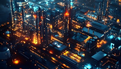 Fototapeta premium A stunning aerial view of a modern industrial complex illuminated at night, showcasing vibrant lights and intricate structures in a bustling environment.