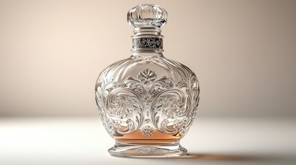 Elegant crystal decanter showcasing intricate designs, filled with amber liquid, set against a soft gradient background