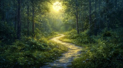 Sunlit path winding through lush green forest.