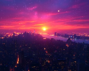 Vibrant sunset over city skyline.