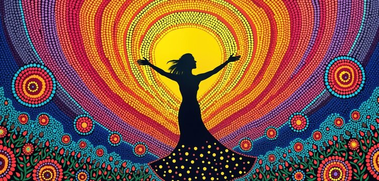 Aboriginal art style woman celebrating. Woman silhouette with arms outstretched. Colorful dots, circles create landscape. Looks like sunrise sunset with vibrant colors. Traditional Australian