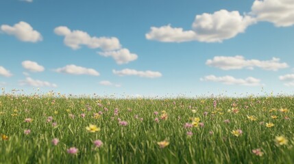 Obraz premium wide shot of field of wildflowers swaying gently in breeze under bright blue sky with fluffy clouds