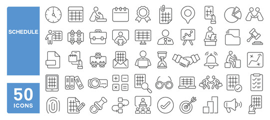 Set of 50 line icons related to schedule, calendar, office, meeting, appointment, planner, alert, work, business, time, Editable stroke. Vector illustration