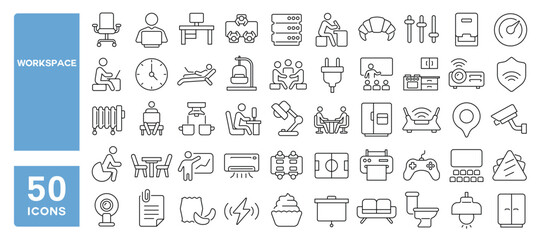 Set of 50 line icons related to workspace, remote, work, area, office, computer, internet, chair, coffee, sofa, services, flexible, part time, Editable stroke. Vector illustration