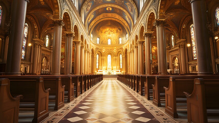 Opulent Church Interior with Majestic Architectural Elegance and Spacious Aisle : Generative AI