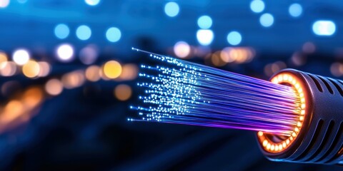 Close-up view of a fiber optic cable emitting colorful lights against a blurred background.